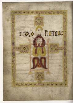 The image of a man, the evangelist's symbol for St Matthew, appears here. The man in the picture is exhibiting the words of the Gospel by holding up an open manuscript.