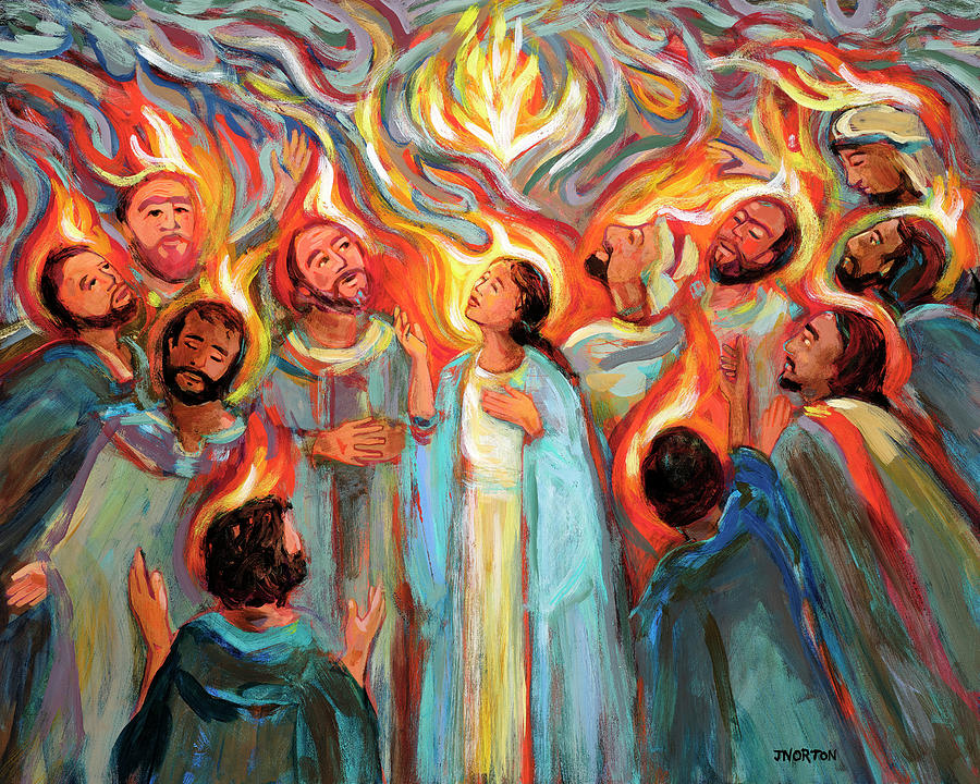 Drawing of a woman surrounded by ten men, all looking upwards as multicoloured flames surround their heads.