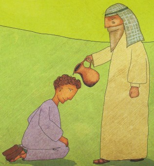 Drawing from a children's book of the prophet Samuel pouring oil on a kneeling boy, David, from a jug.