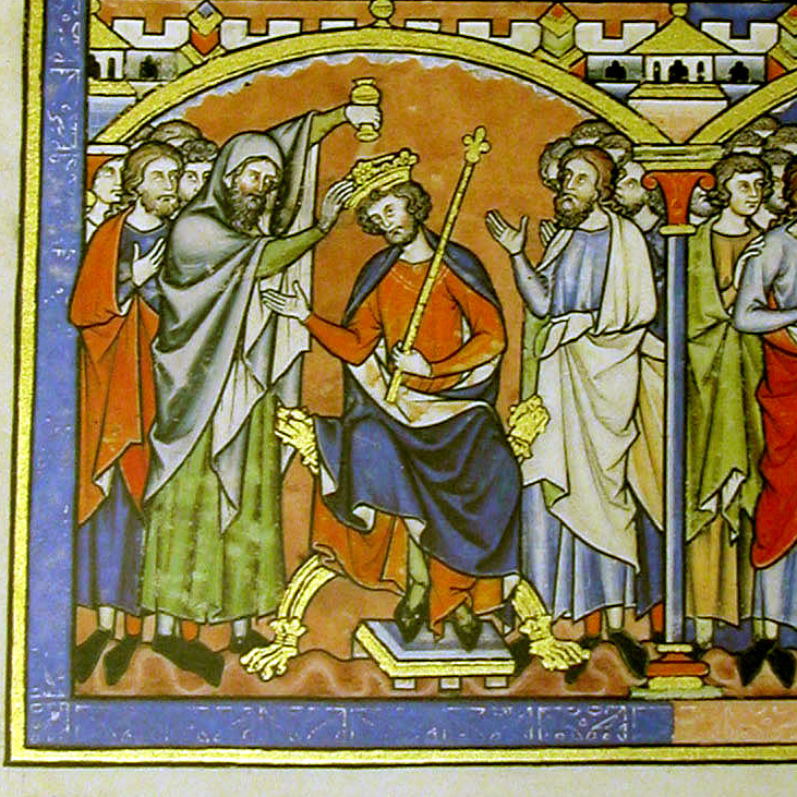Illuminated medieval manuscript showing KIng Saul being anointed by the Prophet Samuel
