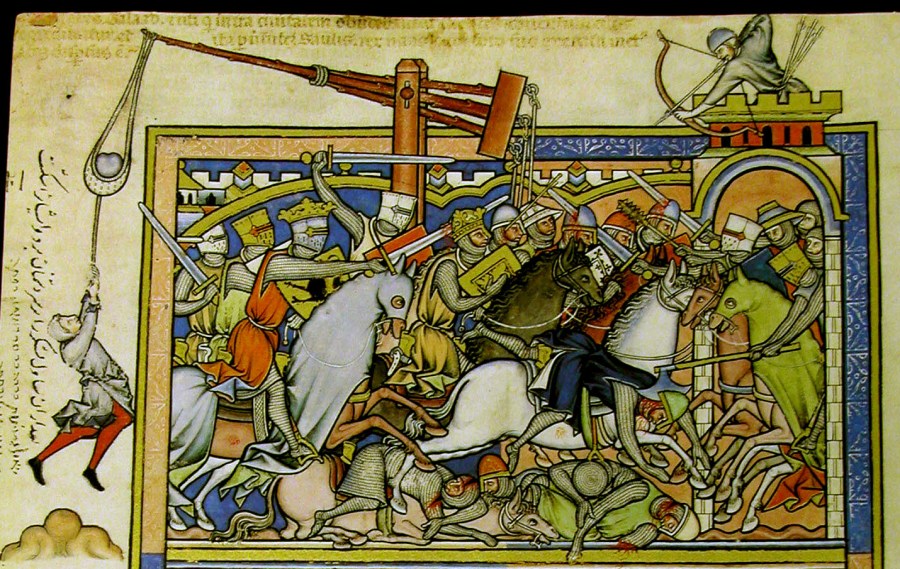 Medieval manuscript of knights on horseback showing King Saul defeating the Amalekites.