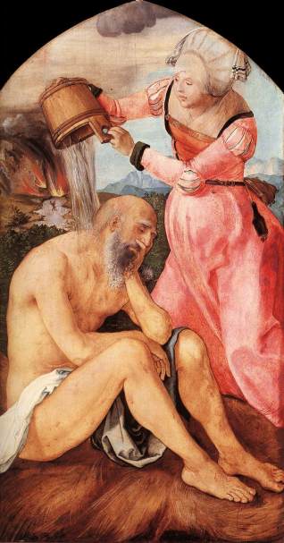 A woman pouring a bucket of water over an old man in a loincloth to soothe his suffering.