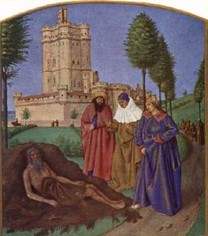 Illuminated manuscript illustration of a man in a loincloth on the ground while three beautifully-dressed men stand over him.