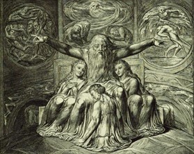 Black and white drawing of an elderly man with his arms oustretched over three beautiful young women gathered around him.
