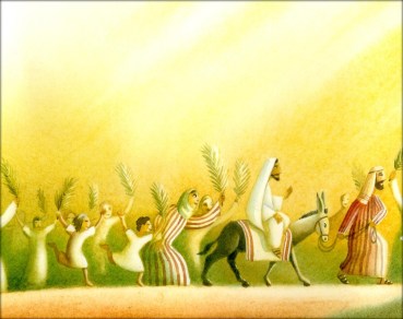 Drawing of Jesus on a donkey surrounded by women and children waving palm branches.