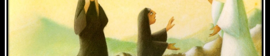 Two astonished women in black talking with an angel in a white robe.