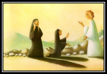 Two astonished women in black talking with an angel in a white robe.