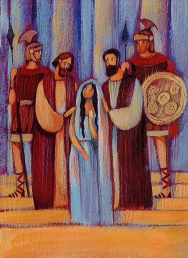 A drawing of a first-century Greek girl in a blue dress, with two first-century Jewish men in red and brown robes, all three flanked by two Roman soldiers. in