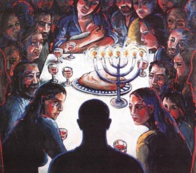 Painting of the back of a man's head, with a table of people, men and women, old and young, facing him. On the table are glasses of wine, a loaf of bread and a menorah with the candles lit.