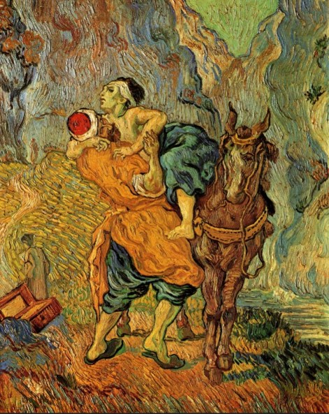 A painting by Van Gogh of a man in a yellow robe with a red hat putting a half-naked, bandaged, man on a stationary brown donkey.