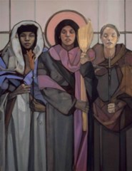 A painting of three woman in long robes with purple accents, two hooded, one with a halo.