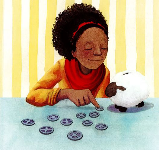 Drawing of a young black woman wearing a yellow long-sleeved t-shirt and a red neckerchief, with a red band in her curly black hair, counting coins at a table and smiling.