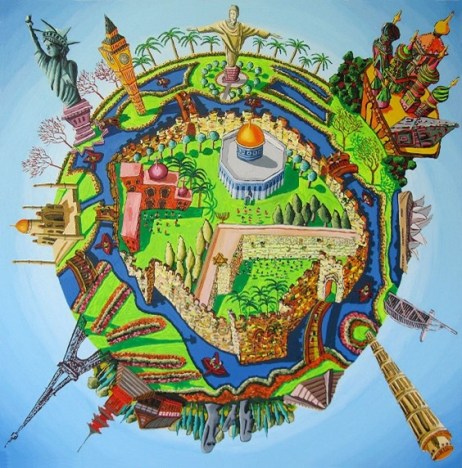 A picture of the world in the style of an old map, with Jerusalem in the centre, on a green globe surrounded by blue, with buildings including the Taj Mahal, the Eiffel Tower, the Statue of Liberty, the Shard, the Sydney Opera House and a Pyramid on the circumference of the Globe.
