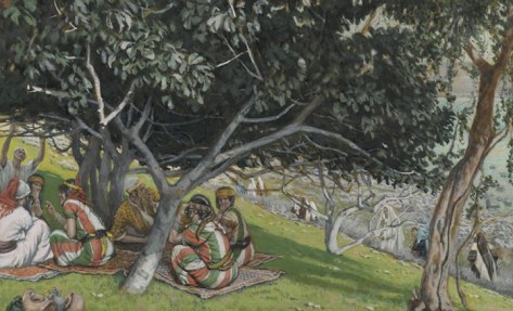 Watercolour of first century Jewish people sitting on the grass under a fig tree.