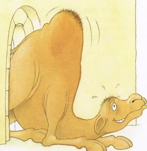 Image by Mick Inkpen for the book 'The Little Gate' by Nick Butterworth. Coloured picture of a camel squeezing through a gate on his knees.