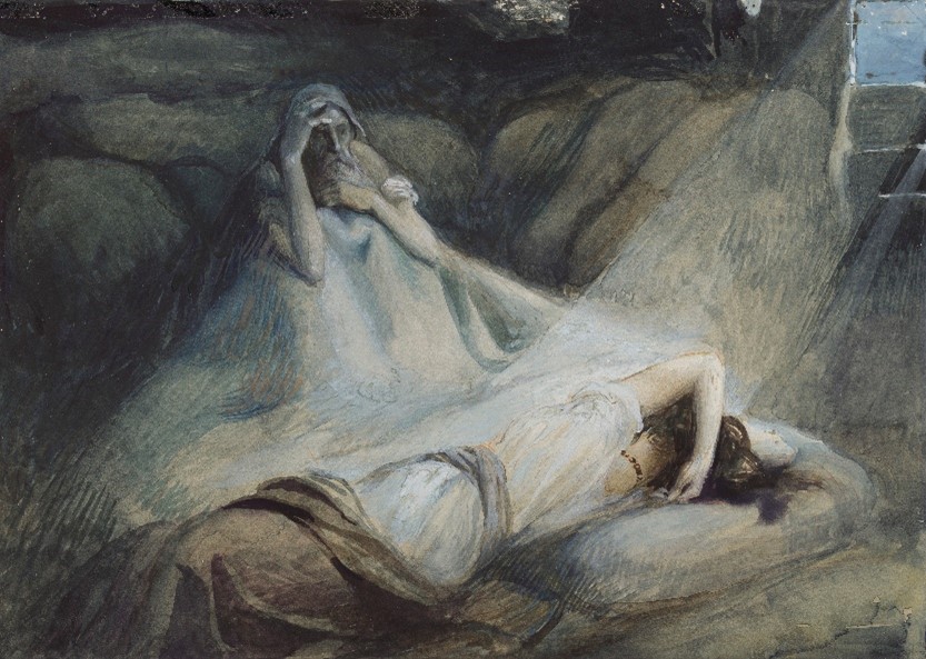 Painting of an elderly man with a beard sitting up in bed, with a younger woman lying across the bed at his feet.