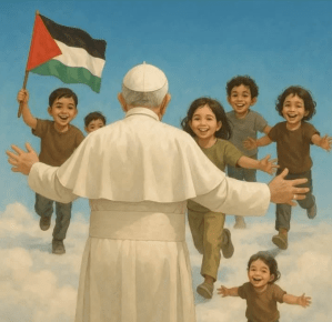 Imaginative drawing of Pope Francis being welcomed into heaven, indicated by the clouds, by running, happy, Palestinian children, one carrying a Palestinian flag.