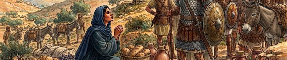 Picture of Abigail kneeling before David and his men, surrounded by the food she and her servants have brought on donkeys to offer him.