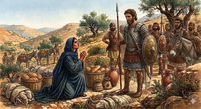 Picture of Abigail kneeling before David and his men, surrounded by the food she and her servants have brought on donkeys to offer him.